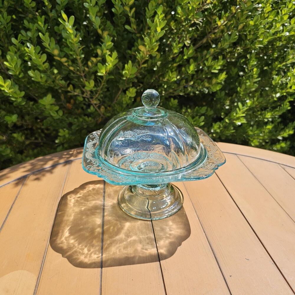 Vintage Indiana Glass Madrid Green Teal Glass Pedestal Covered Butter Dish